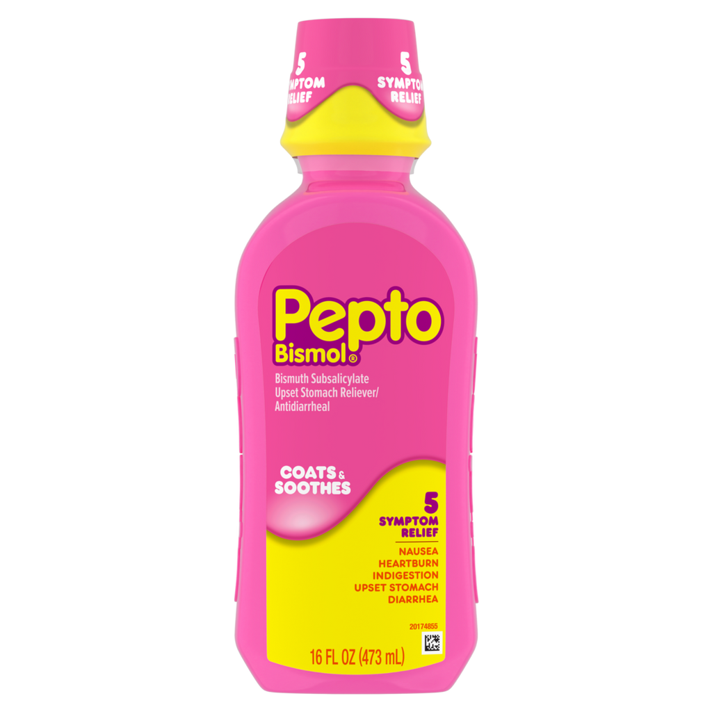 Pepto Bismol Liquid Upset Stomach Relief Nausea Relief Heartburn Relief Indigestion Relief Anti Diarrhea Medication For Adults - 5 Symptom Fast Relief (Packaging May Vary) - 16oz/12pk