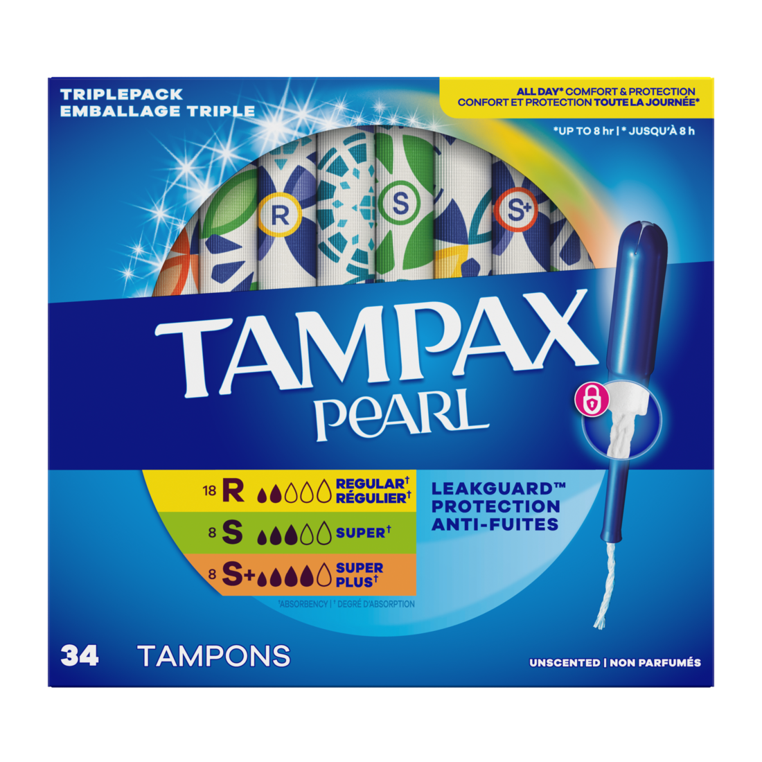 Tampax Pearl Tampons Multipack With Leakguard Braid Regular/Super/Super Plus Absorbency Unscented - 34ct/6pk