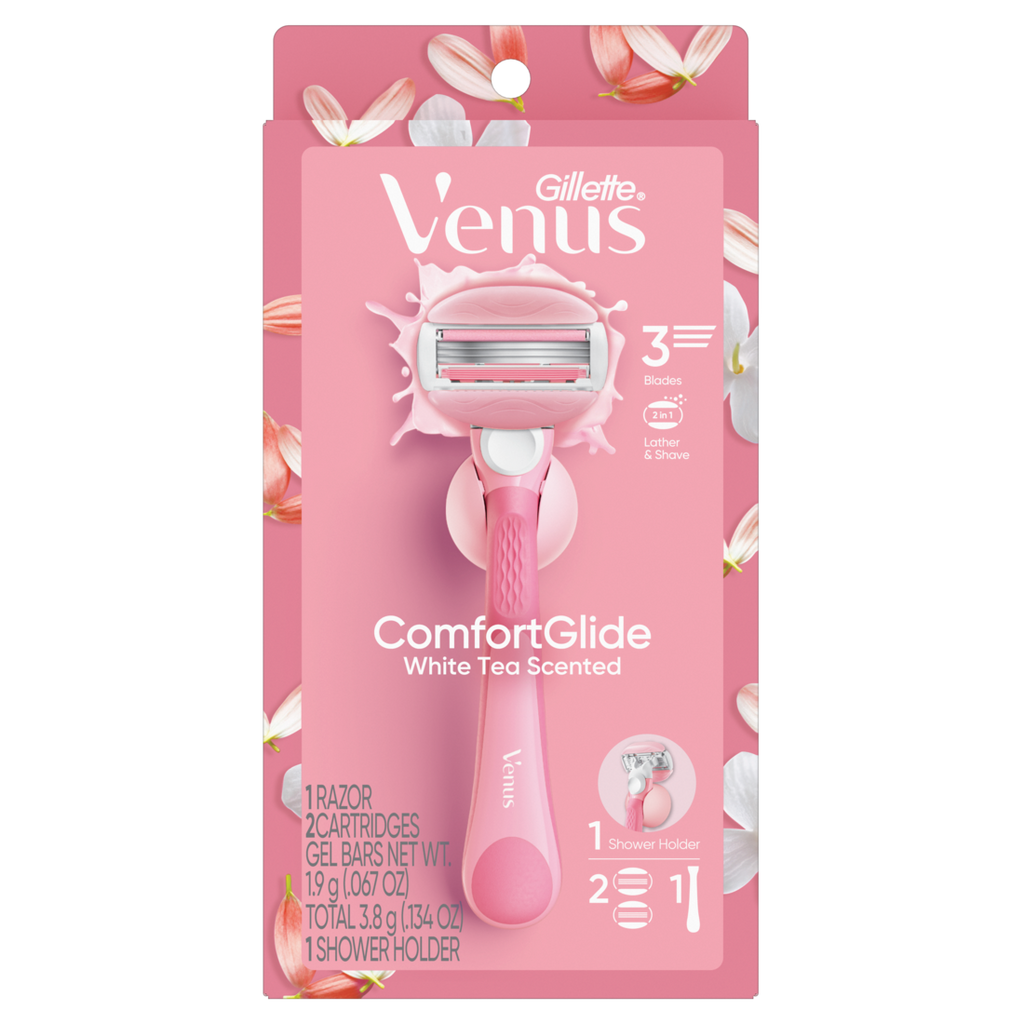 Venus Comfortglide Women's Razor White Tea Scented With Reusable Razor (1 Handle; 2 Razor Blade Refills; 1 Shower Holder) - 1set/3pk