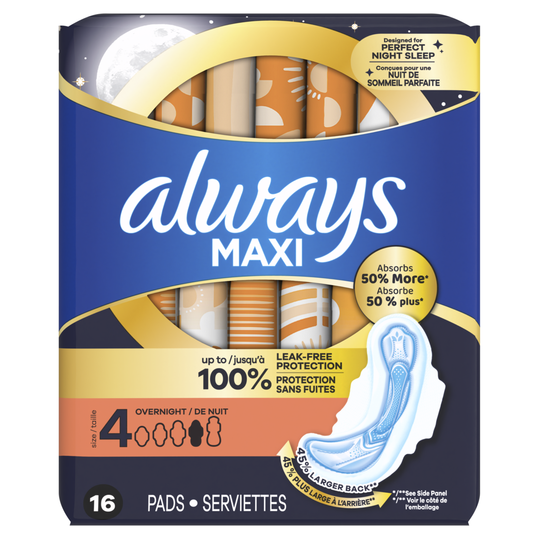 Always Maxi Overnight Pads With Wings For Women Size 4 Overnight Absorbency Unscented - 16ct/3pk