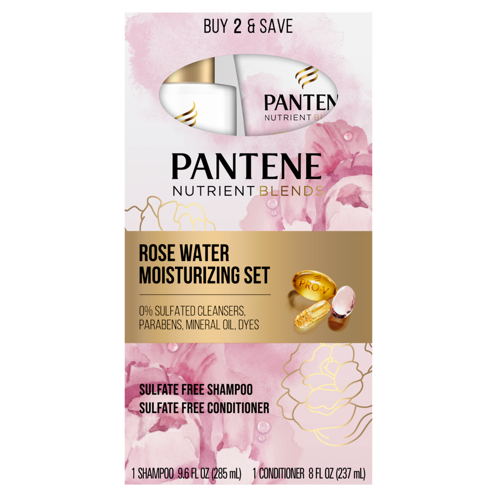 Pantene Nutrient Blends Miracle Moisture Boost Rose Water Sulfate Free Shampoo 9.6 oz & Conditioner 8.0 oz Dual Pack - (9.6+8.0)oz/4pk