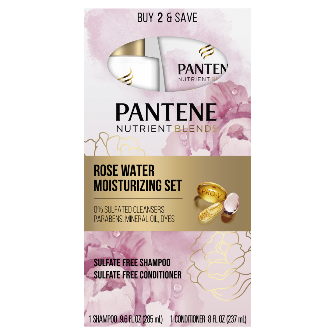 Pantene Nutrient Blends Miracle Moisture Boost Rose Water Sulfate Free Shampoo 9.6 oz & Conditioner 8.0 oz Dual Pack - (9.6+8.0)oz/4pk