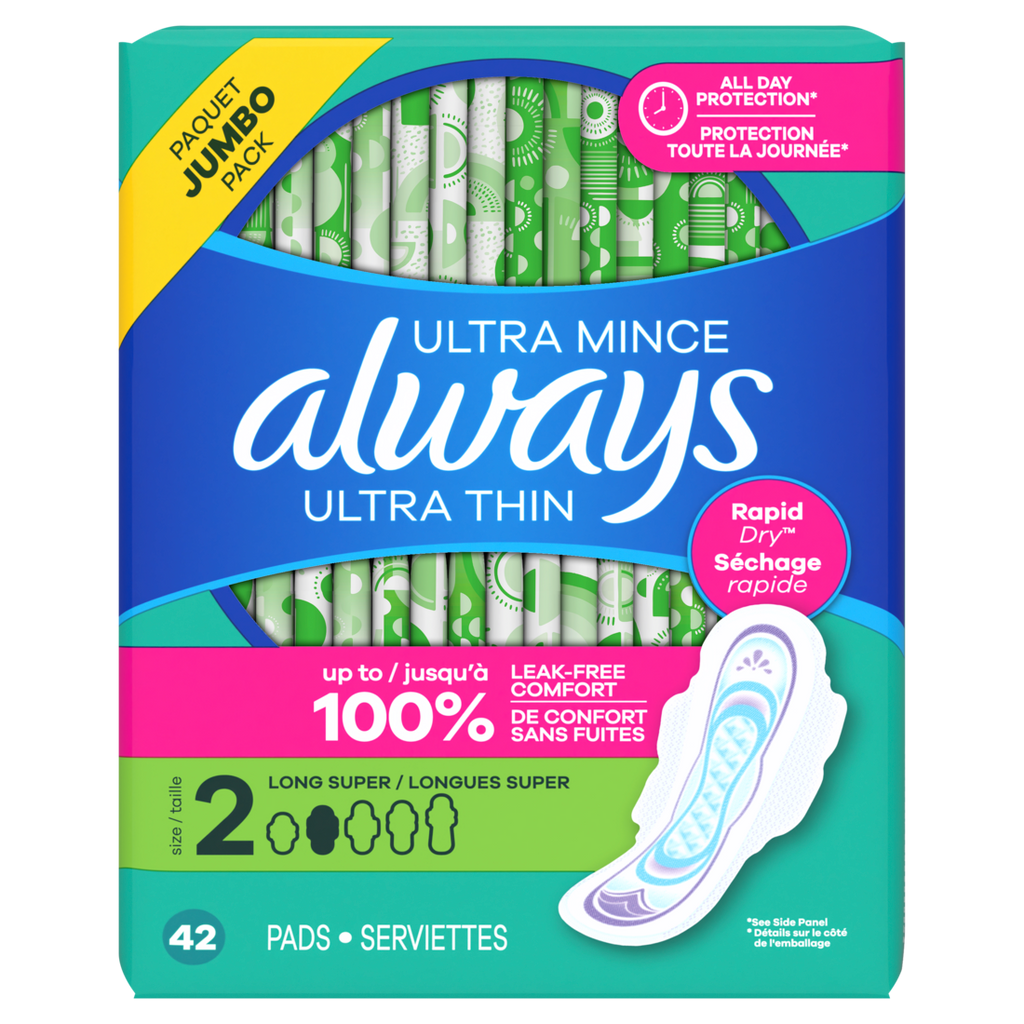 Always Ultra Thin Feminine Pads With Wings For Women Size 2 Long Super Absorbency Unscented - 42ct/3pk