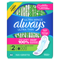 Always Ultra Thin Feminine Pads With Wings For Women Size 2 Long Super Absorbency Unscented - 42ct/3pk