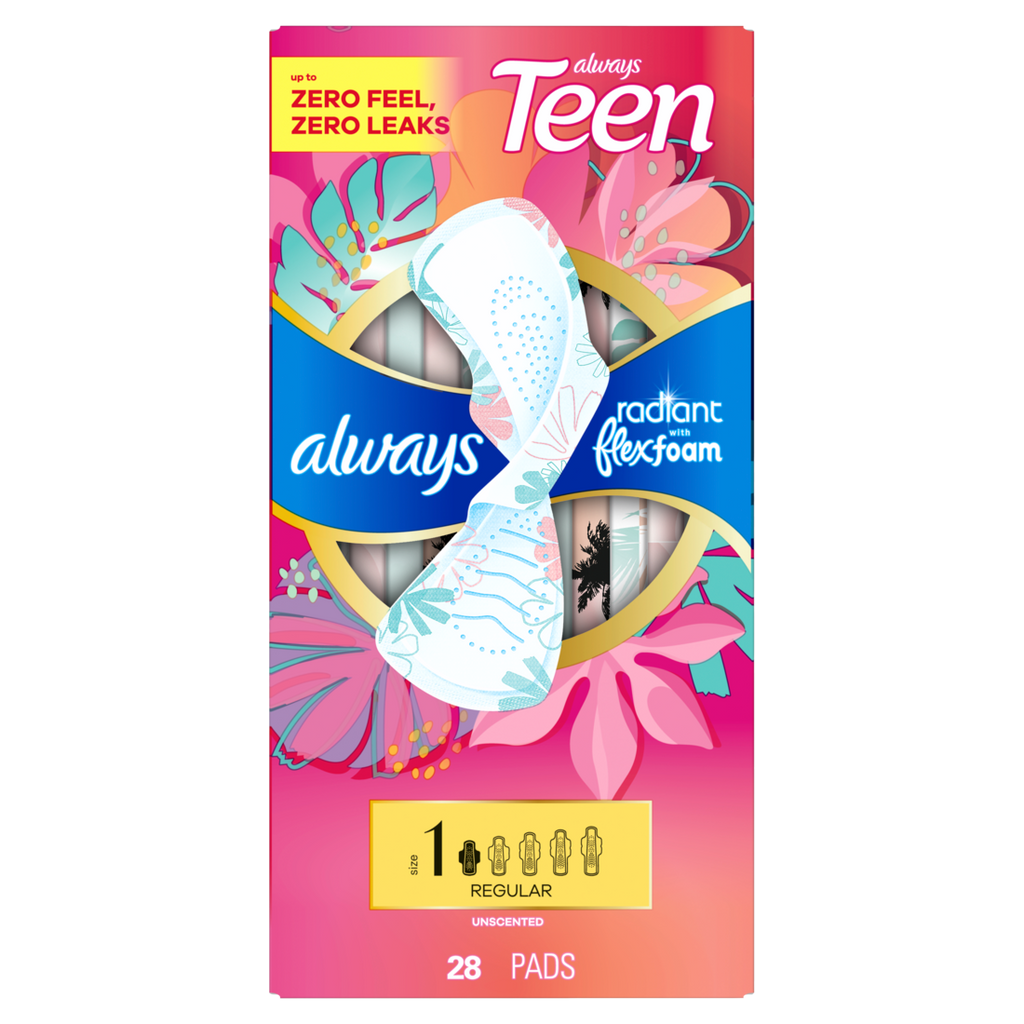 Always Radiant Teen With Flexfoam Pads Size 1 Regular With Wings Unscented - 28ct/6pk