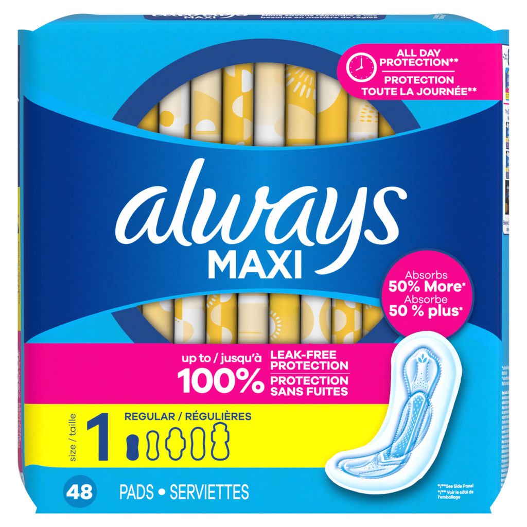 Always Maxi Feminine Pads Without Wings For Women Size 1 Regular Absorbency Unscented - 48ct/6pk