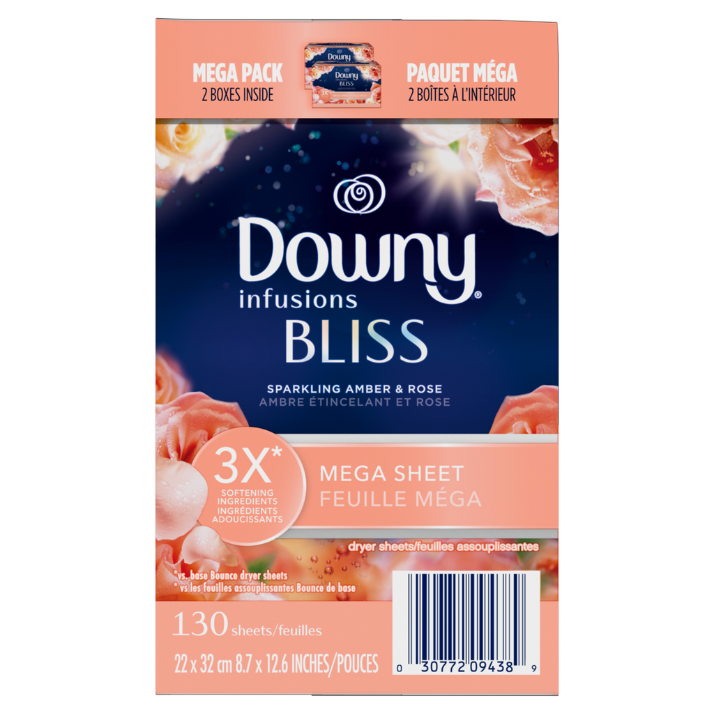 Downy Infusions Mega Dryer Sheets Laundry Fabric Softener Bliss Amber And Rose - 130ct/3pk