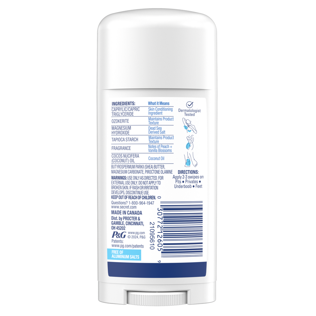 Secret Whole Body Stick Aluminum Free Deodorant For Women With Notes Of Peach & Vanilla - 2.4oz/12pk