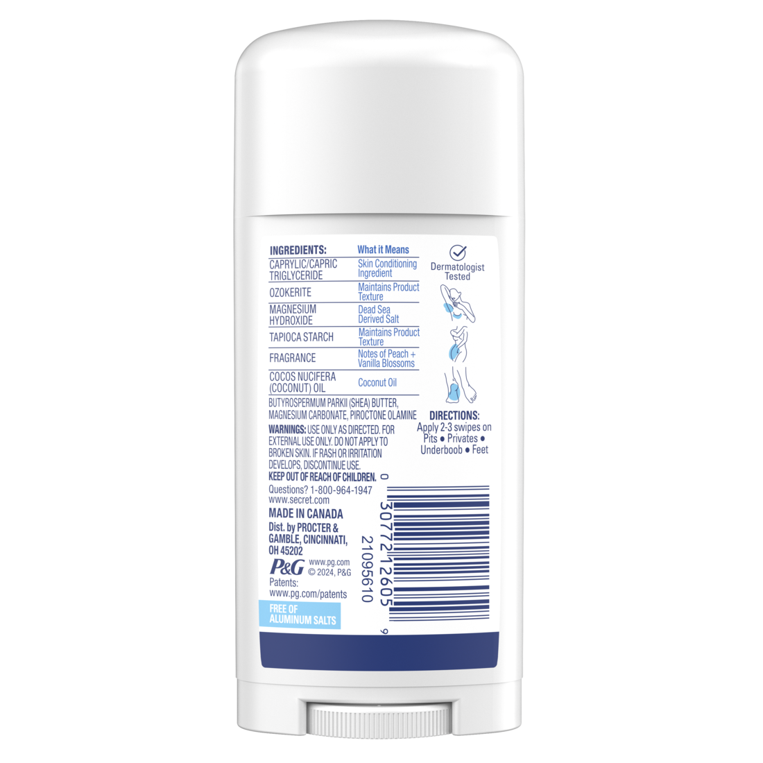 Secret Whole Body Stick Aluminum Free Deodorant For Women With Notes Of Peach & Vanilla - 2.4oz/12pk