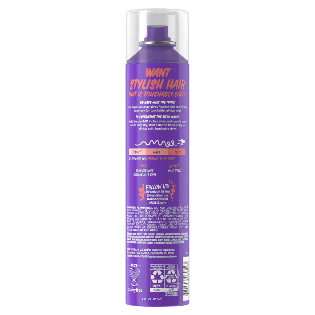 Aussie Mega Flexible Hair Spray For Curly Hair Straight Hair And Wavy Hair - 10oz/12pk