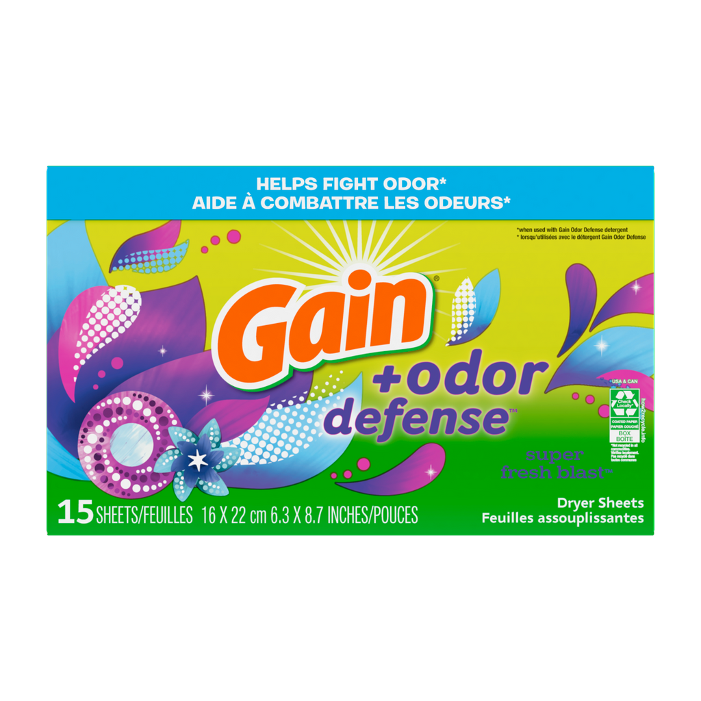 Gain Dryer Sheets Plus Odor Defense Super Fresh Blast Scent Helps Fight Static And Odor Laundry Sheets - 15ct/15pk