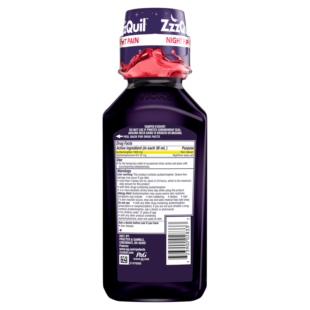 Zzzquil Liquid Max Strength Pain Reliever Nighttime Sleep Aid Liquid Acetaminophen 1000Mg Diphenhydramine 50Mg Hci Non-Habit Forming Black Cherry Flavored - 12oz/12pk