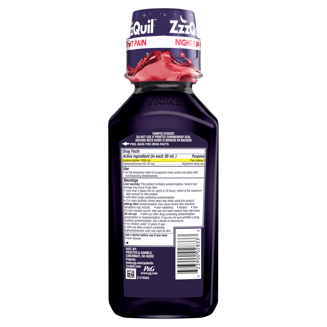 Zzzquil Liquid Max Strength Pain Reliever Nighttime Sleep Aid Liquid Acetaminophen 1000Mg Diphenhydramine 50Mg Hci Non-Habit Forming Black Cherry Flavored - 12oz/12pk