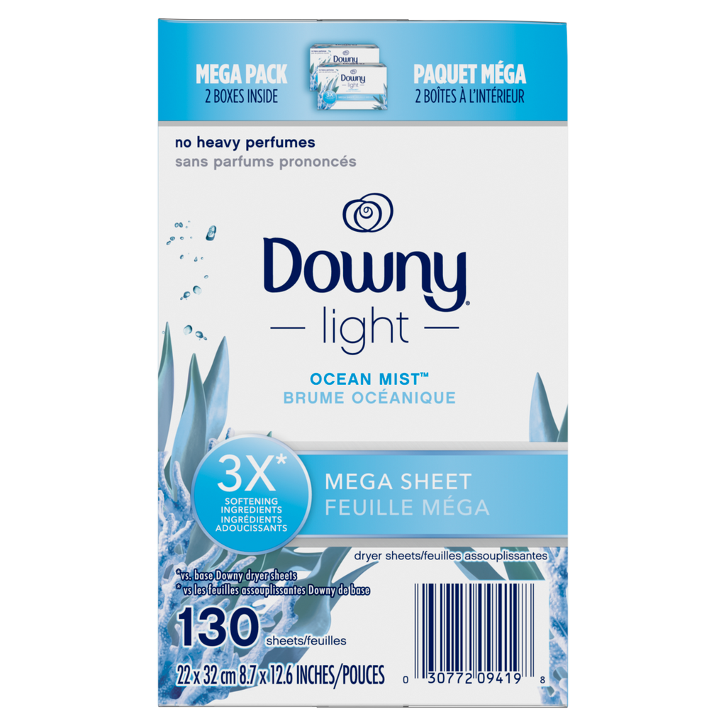 Downy Light Mega Dryer Sheets Laundry Fabric Softener Ocean Mist (2 Boxes 65 Sheets Per Box) - 130ct/3pk