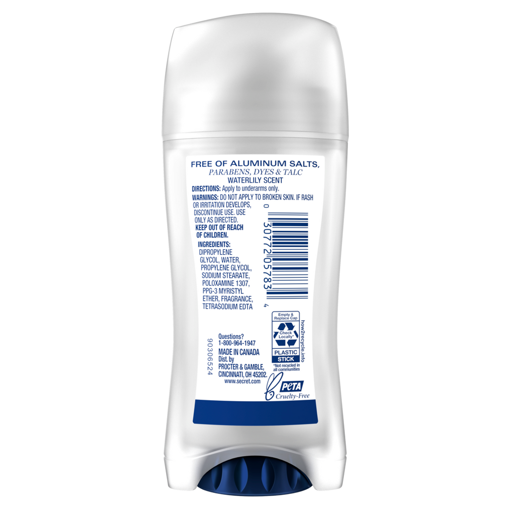 Secret Aluminum Free Deodorant For Women Clear Solid Waterlily - 2.4oz/12pk