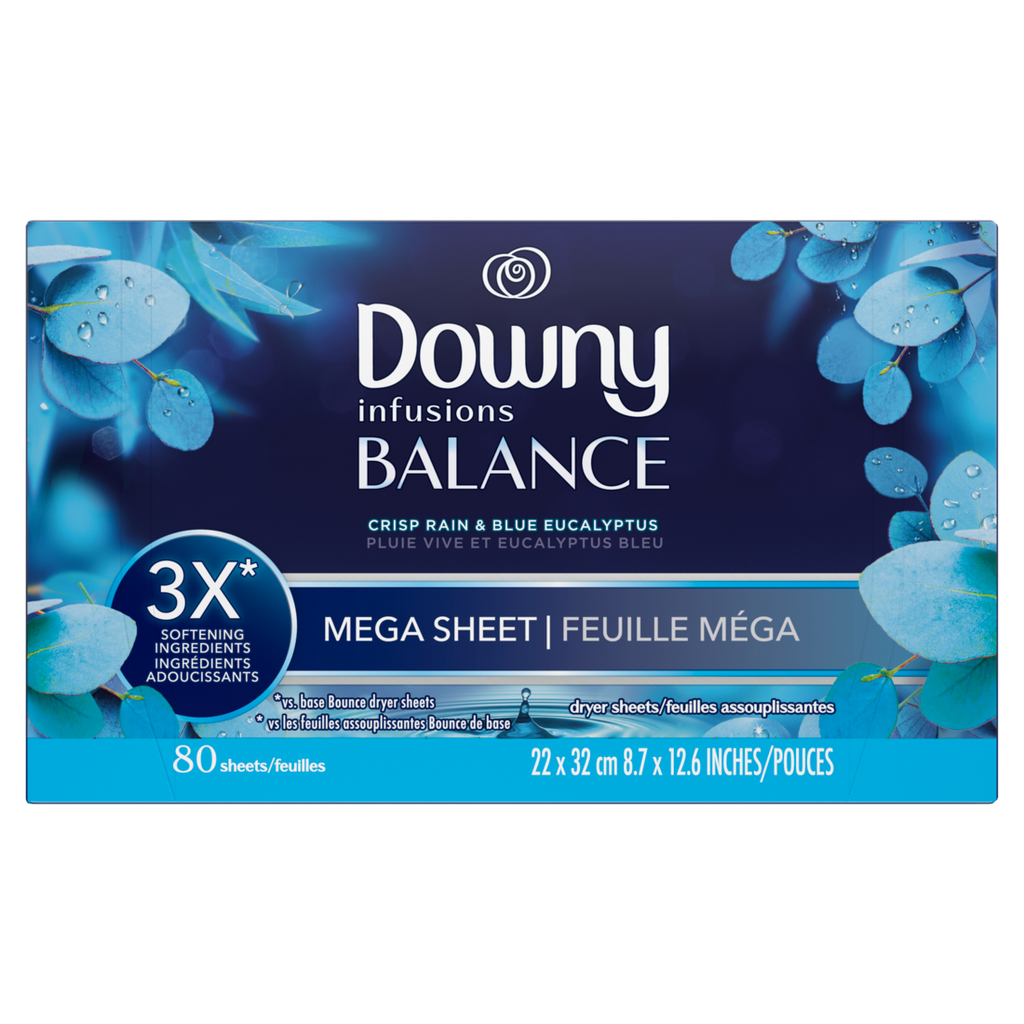Infusions Mega Dryer Sheets Laundry Fabric Softener Balance Crisp Rain And Blue Eucalyptus - 80ct/4pk