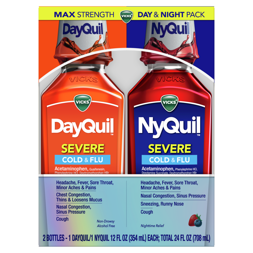 Vicks Dayquil And Nyquil Severe Cold & Flu Medicine Powerful Multi-Symptom Relief For Headache Fever Sore Throat Minor Aches And Pains Nasal Congestion Sinus Pressure Stuffy Nose And Cough Combo Pack 1 Nyquil 1 Dayquil - (2x12)oz/6pk