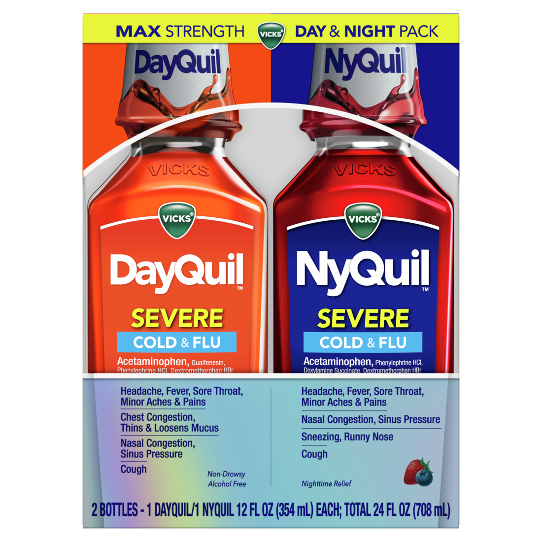 Vicks Dayquil And Nyquil Severe Cold & Flu Medicine Powerful Multi-Symptom Relief For Headache Fever Sore Throat Minor Aches And Pains Nasal Congestion Sinus Pressure Stuffy Nose And Cough Combo Pack 1 Nyquil 1 Dayquil - (2x12)oz/6pk
