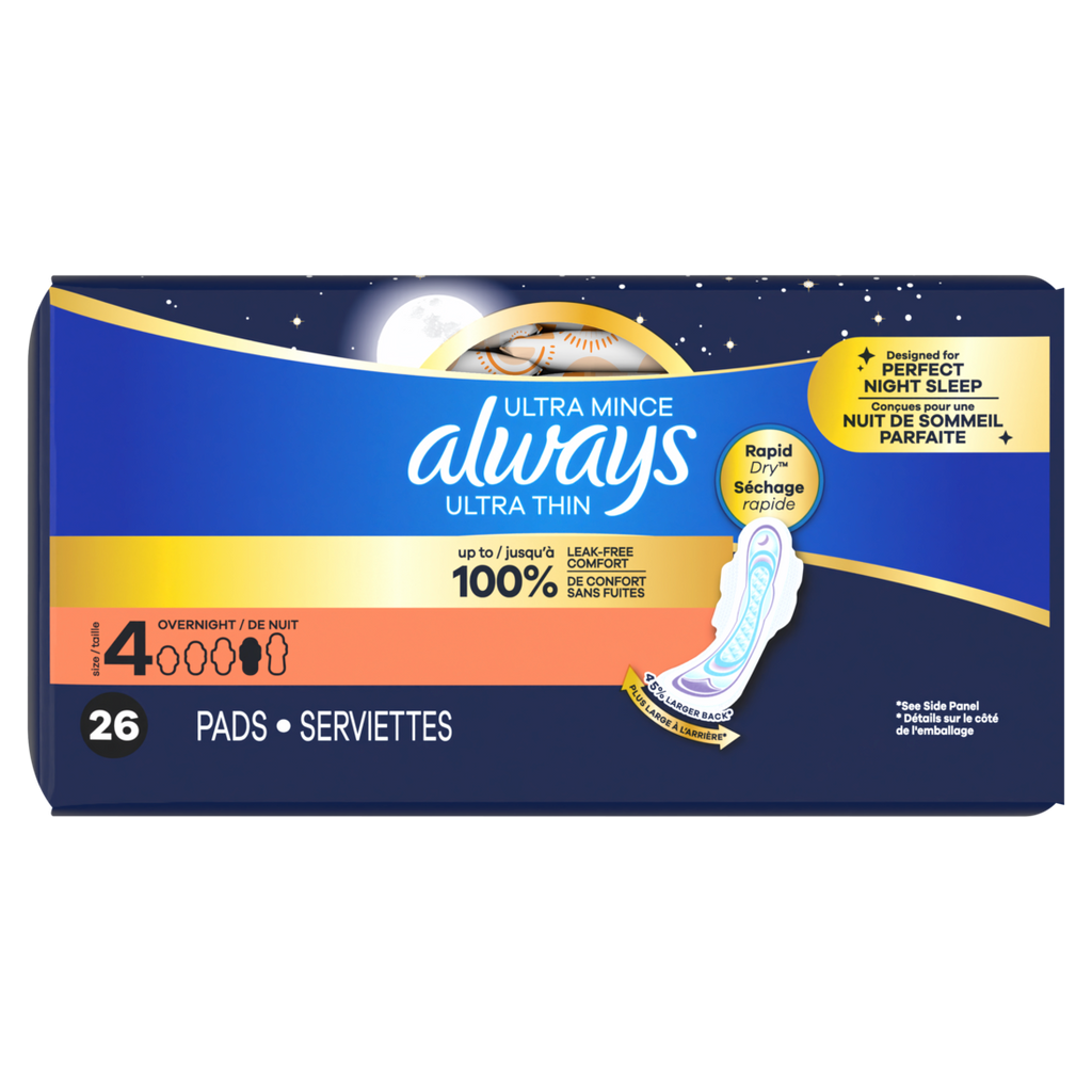 Always Ultra Thin Feminine Pads With Wings For Women Size 4 Overnight Absorbency Unscented - 26ct/6pk