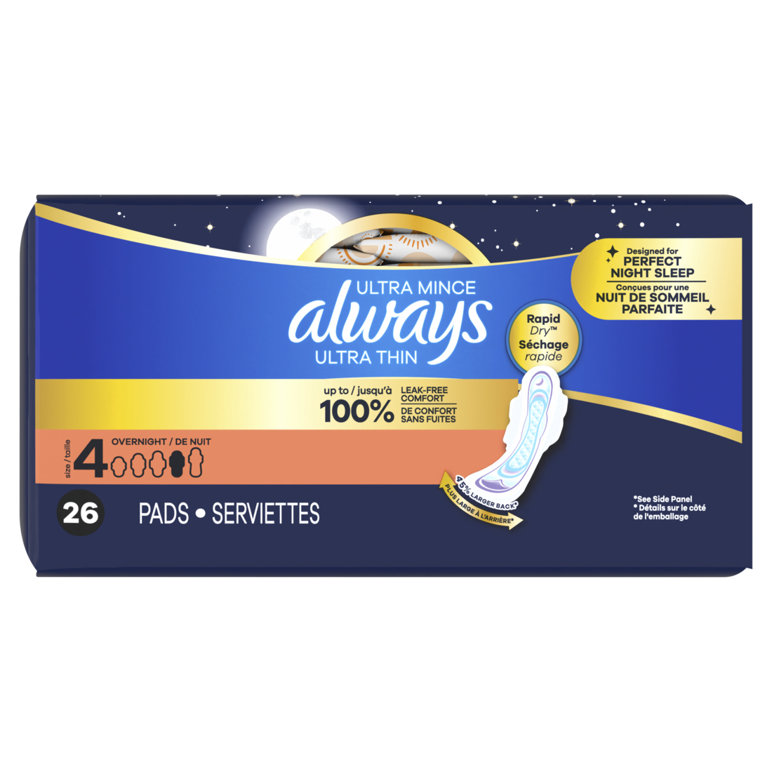 Always Ultra Thin Feminine Pads With Wings For Women Size 4 Overnight Absorbency Unscented - 26ct/6pk