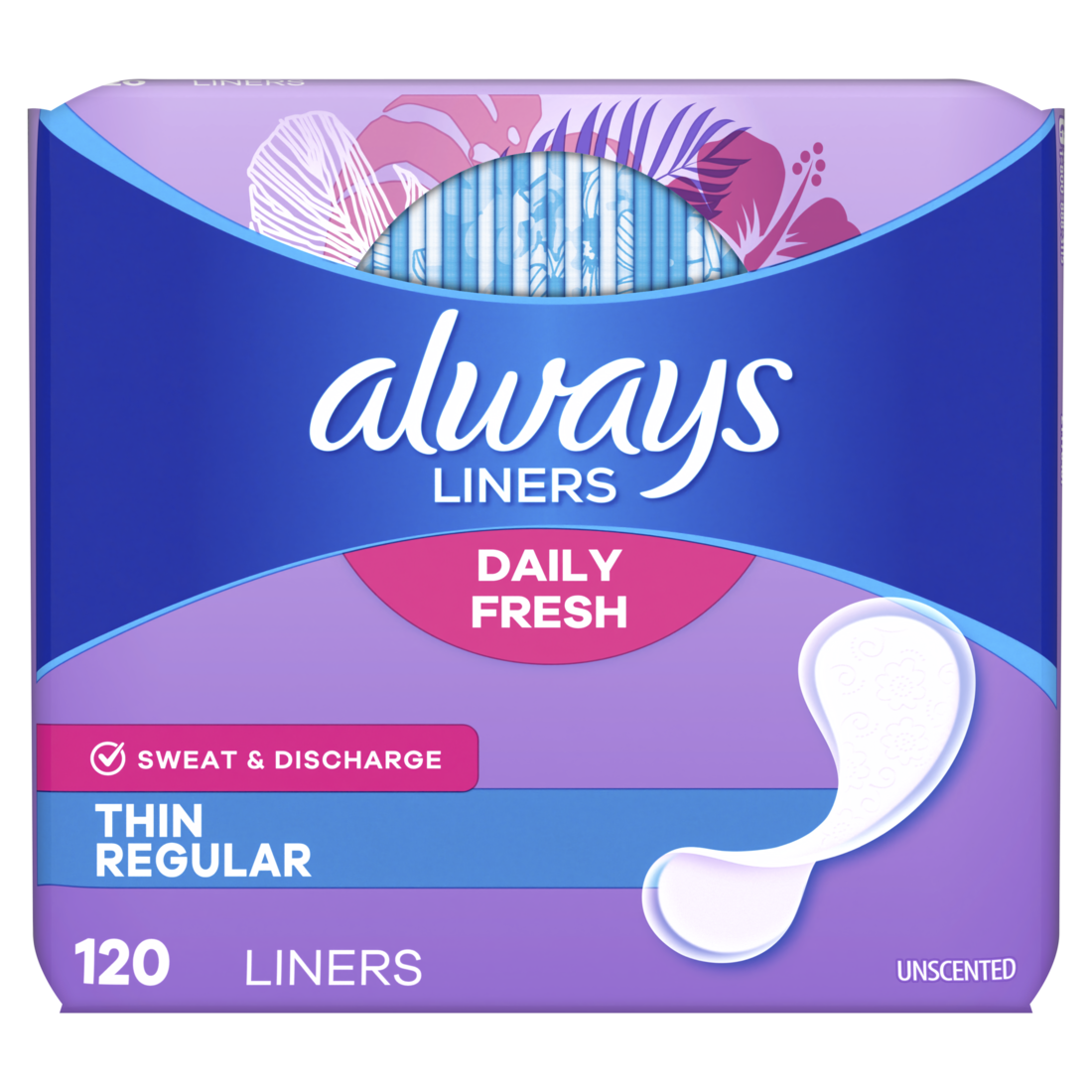 Always Daily Fresh Thin Liners Regular Absorbency Unscented Panty Liners - 120ct/6pk