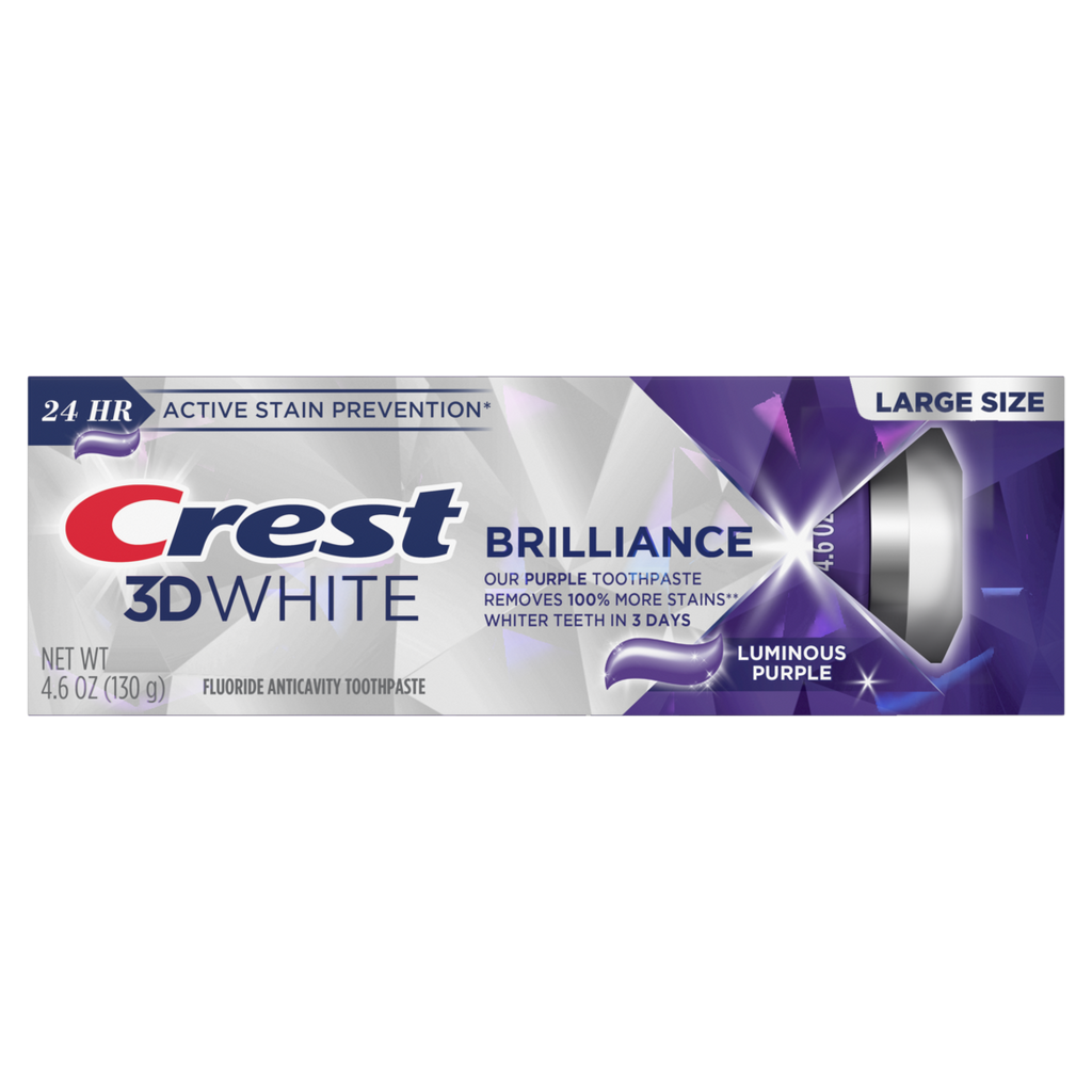 Crest 3D White Brilliance Luminous Purple Teeth Whitening Toothpaste Pack Of 3 Anticavity Fluoride Toothpaste 100% More Surface Stain Removal 24 Hour Active Stain Prevention - (3x4.6)oz/4pk