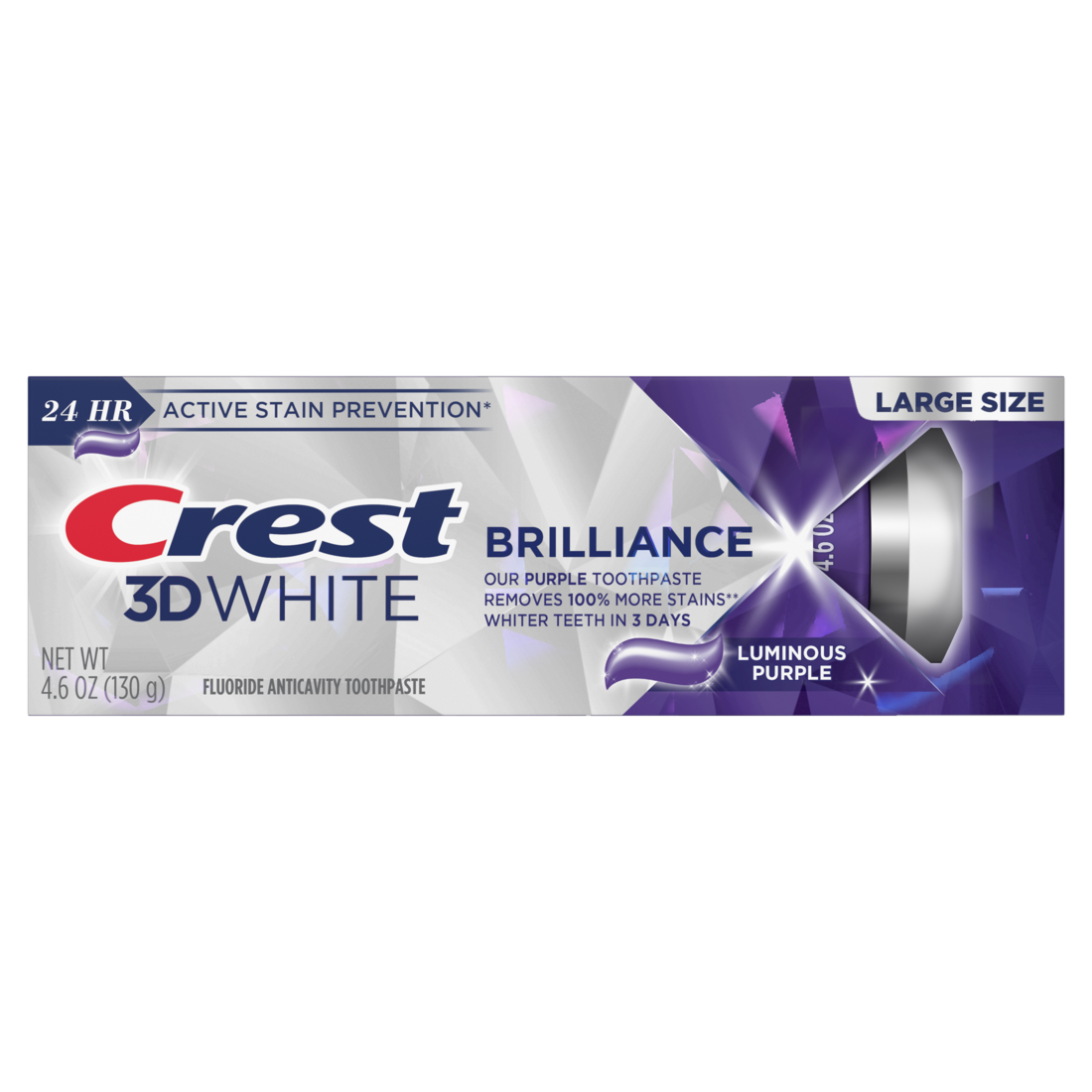 Crest 3D White Brilliance Luminous Purple Teeth Whitening Toothpaste Pack Of 3 Anticavity Fluoride Toothpaste 100% More Surface Stain Removal 24 Hour Active Stain Prevention - (3x4.6)oz/4pk