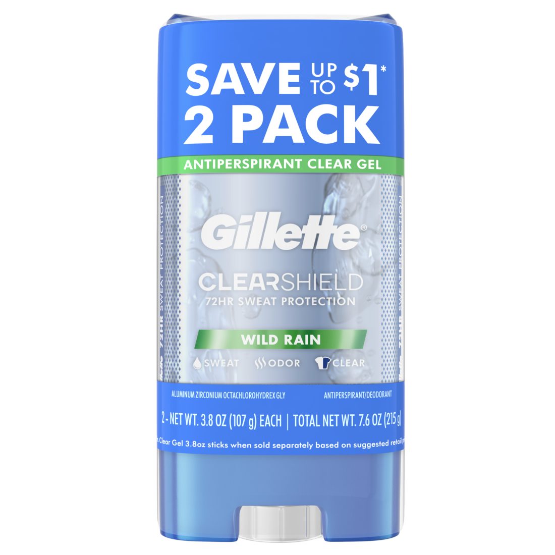 Gillette Clear Gel Antiperspirant And Deodorant For Men Wild Rain Scent Twin Pack - (2x3.8)oz/6pk