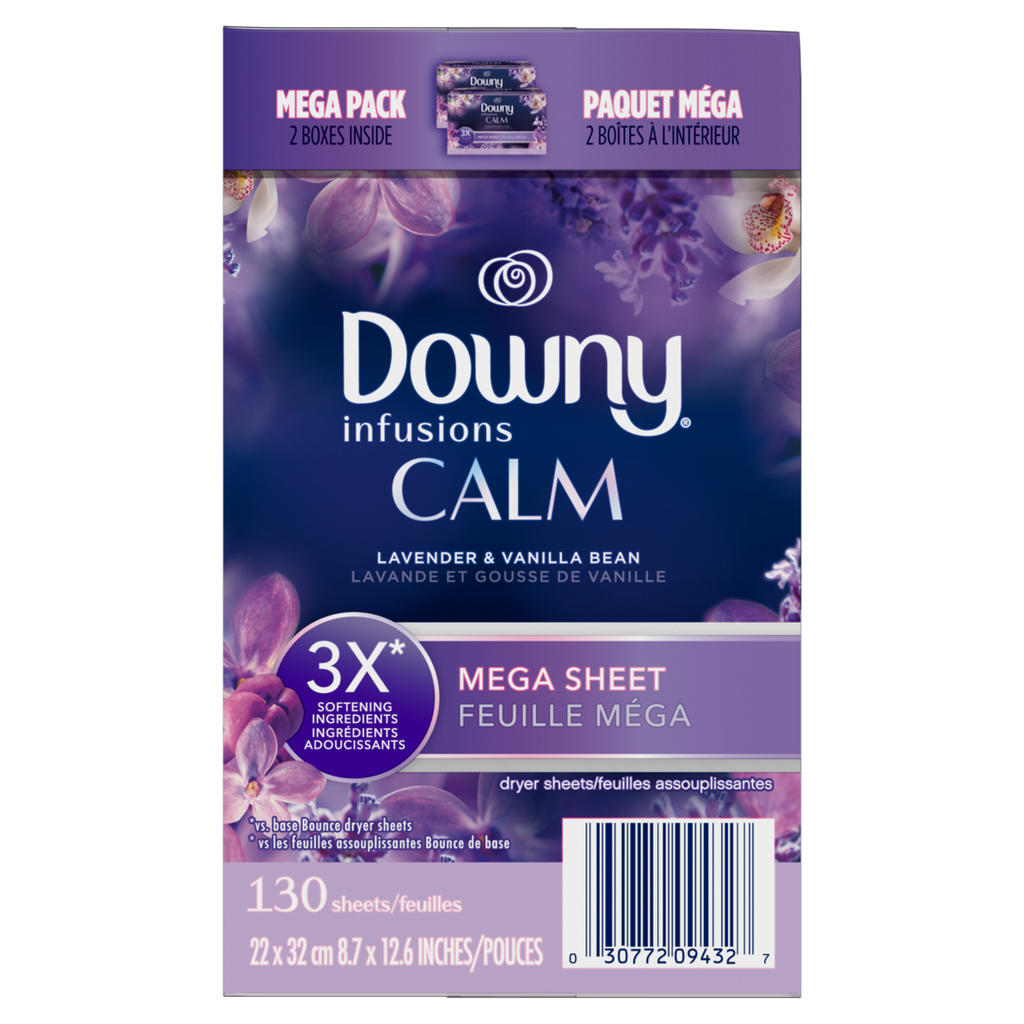 Downy Calm Mega Dryer Sheets Laundry Fabric Softener Lavender And Vanilla Bean - 130ct/3pk
