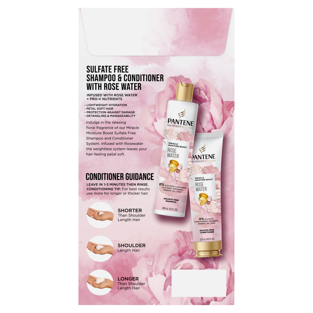 Pantene Nutrient Blends Miracle Moisture Boost Rose Water Sulfate Free Shampoo 9.6 oz & Conditioner 8.0 oz Dual Pack - (9.6+8.0)oz/4pk