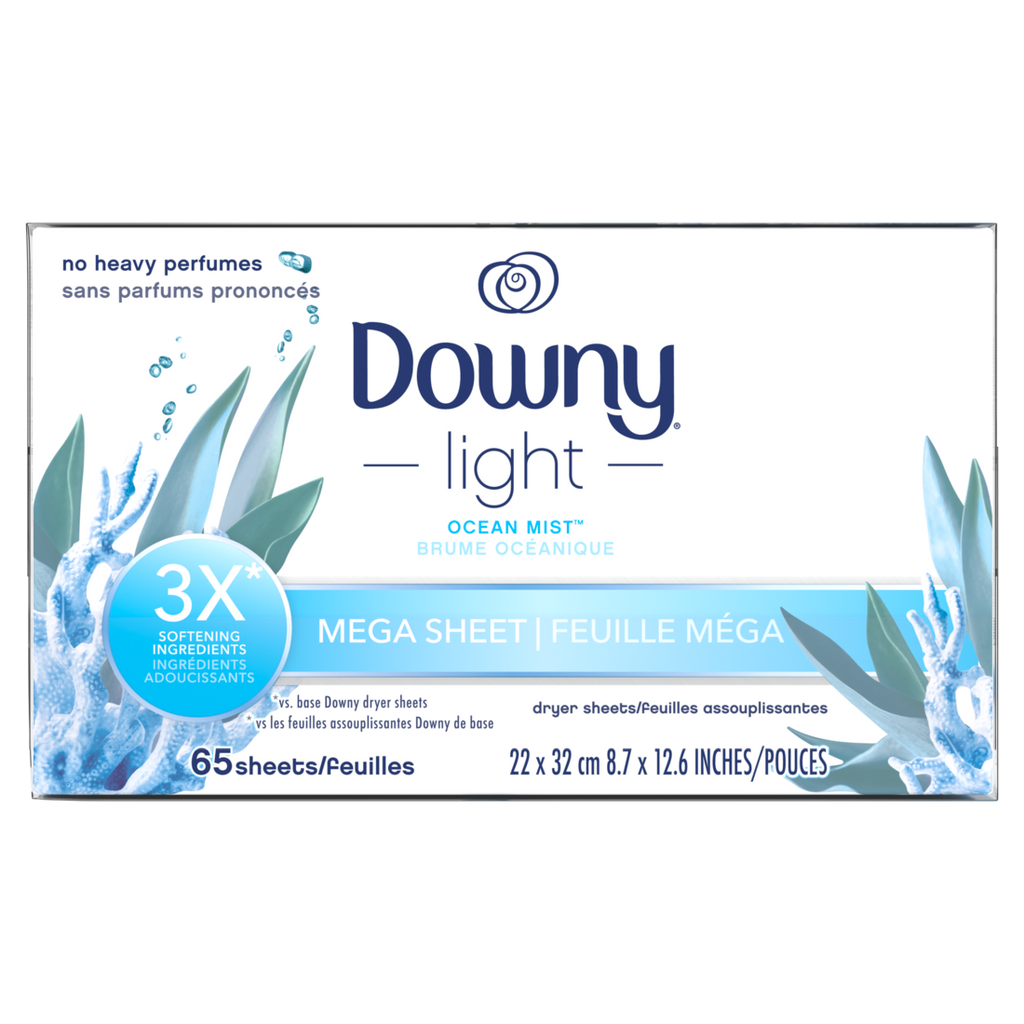 Downy Light Mega Dryer Sheets Laundry Fabric Softener Ocean Mist (2 Boxes 65 Sheets Per Box) - 130ct/3pk