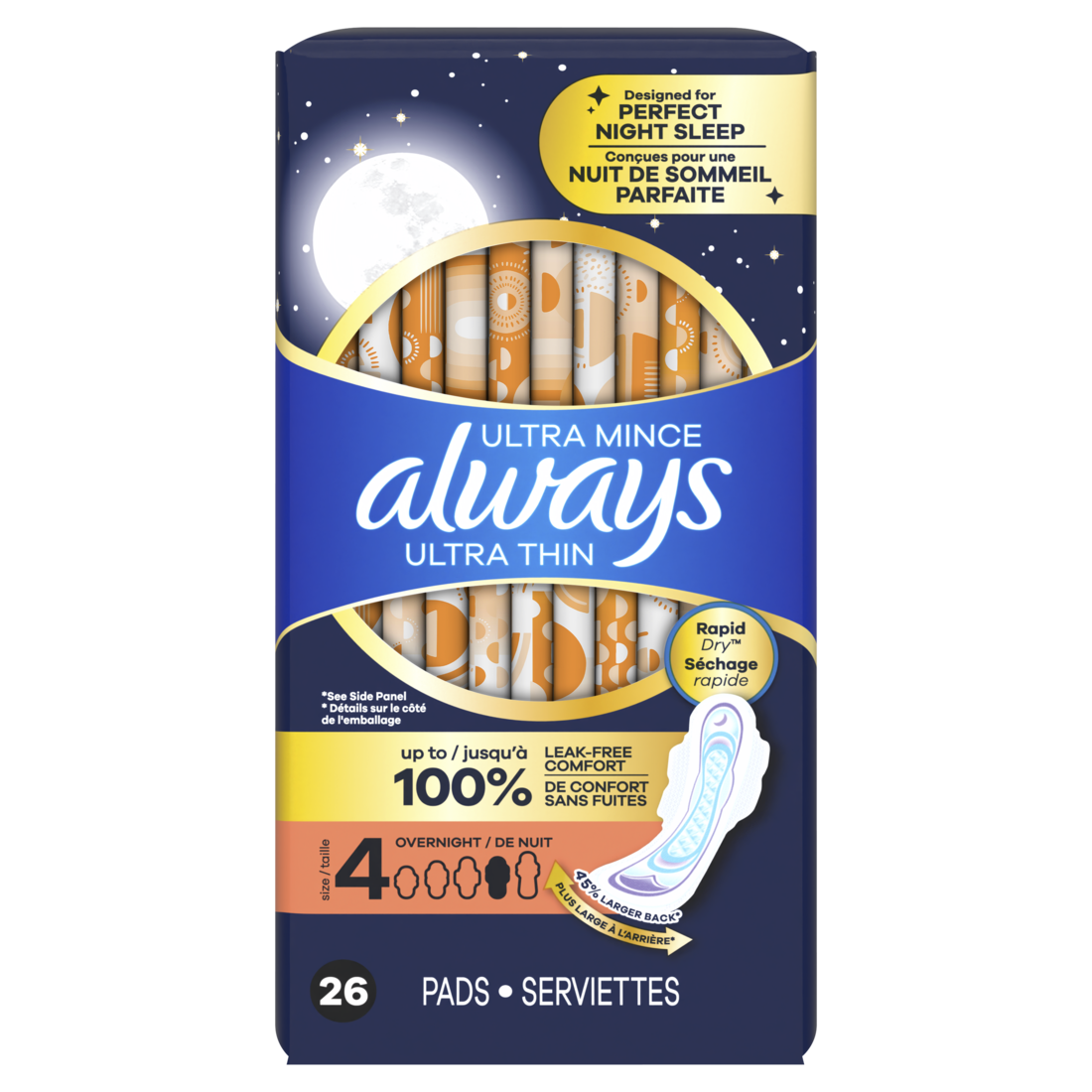 Always Ultra Thin Feminine Pads With Wings For Women Size 4 Overnight Absorbency Unscented - 26ct/6pk