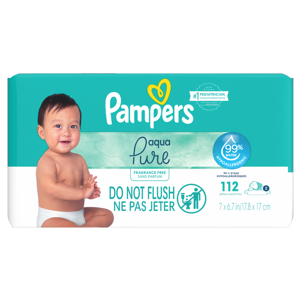 Pampers Aqua Pure Baby Wipes 99% Water Fragrance Free (2 Flip-Top Packs 56 Wipes per Pack) - 112ct/4pk