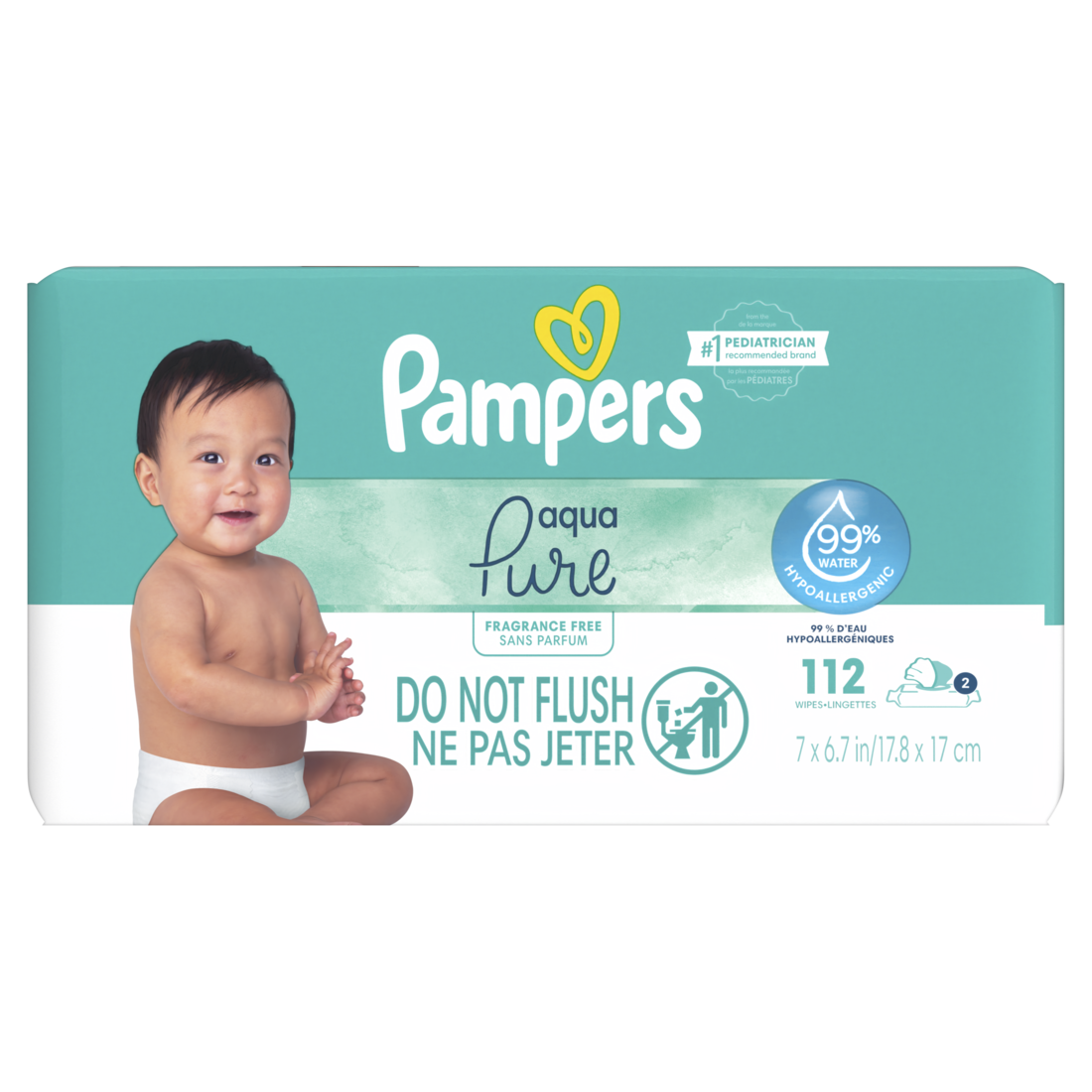 Pampers Aqua Pure Baby Wipes 99% Water Fragrance Free (2 Flip-Top Packs 56 Wipes per Pack) - 112ct/4pk