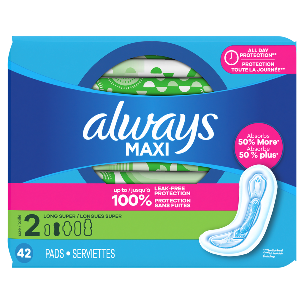 Always Maxi Feminine Pads Without Wings For Women Size 2 Long Super Absorbency Unscented - 42ct/6pk