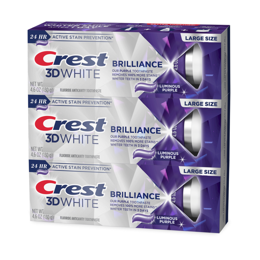 Crest 3D White Brilliance Luminous Purple Teeth Whitening Toothpaste Pack Of 3 Anticavity Fluoride Toothpaste 100% More Surface Stain Removal 24 Hour Active Stain Prevention - (3x4.6)oz/4pk