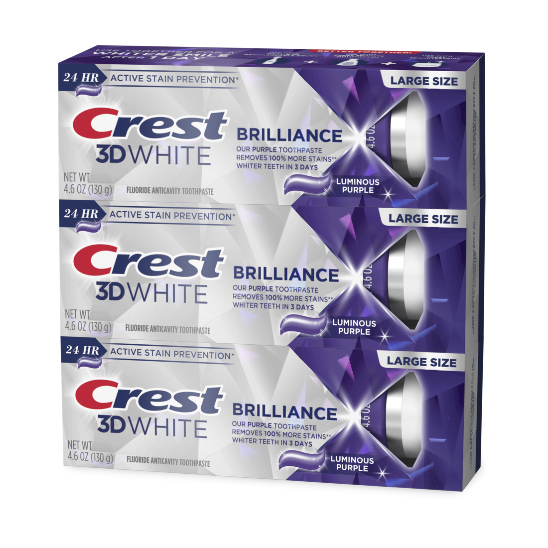 Crest 3D White Brilliance Luminous Purple Teeth Whitening Toothpaste Pack Of 3 Anticavity Fluoride Toothpaste 100% More Surface Stain Removal 24 Hour Active Stain Prevention - (3x4.6)oz/4pk