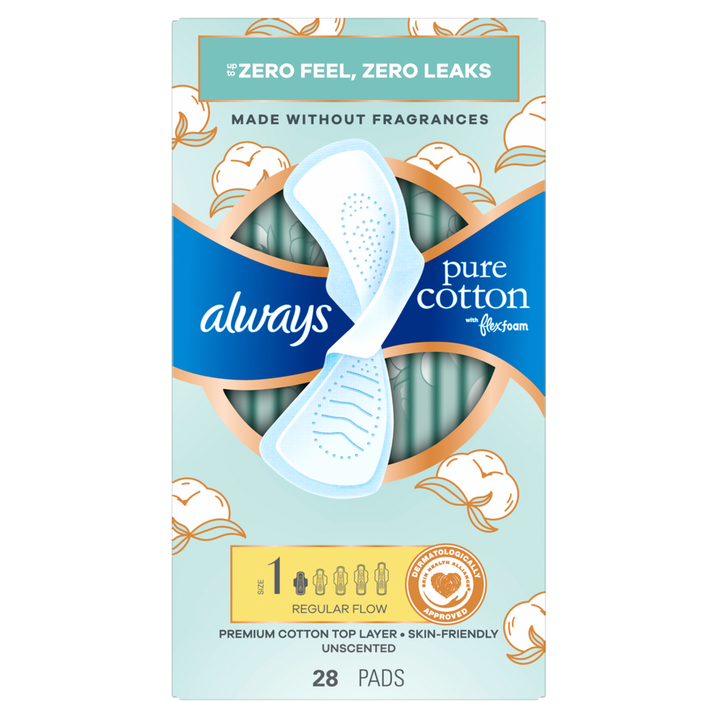Always Pure Cotton With Flexfoam Pads Size 1 Regular With Wings Unscented - 28ct/3pk