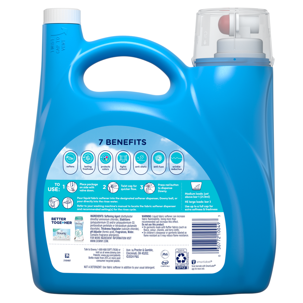 Downy Soft 2-in-1 Soft And Fresh Liquid Fabric Softener Cool Cotton 190 Loads Fabric Conditioner Liquid Provides Softness And Freshness For Fabrics - 140oz/4pk