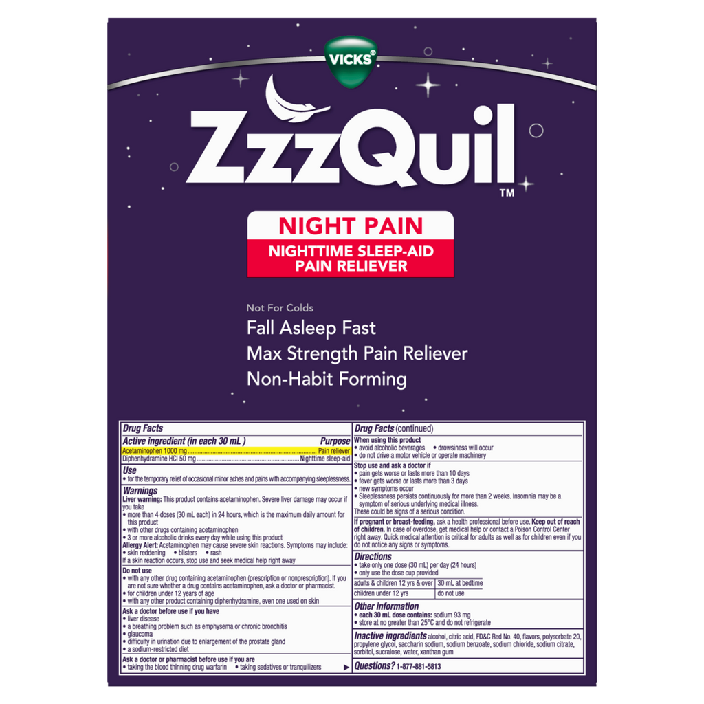 Zzzquil Liquid Max Strength Pain Reliever Nighttime Sleep Aid Liquid Acetaminophen 1000Mg Diphenhydramine 50Mg Hci Non-Habit Forming Black Cherry Flavored - (2x12)oz/3pk