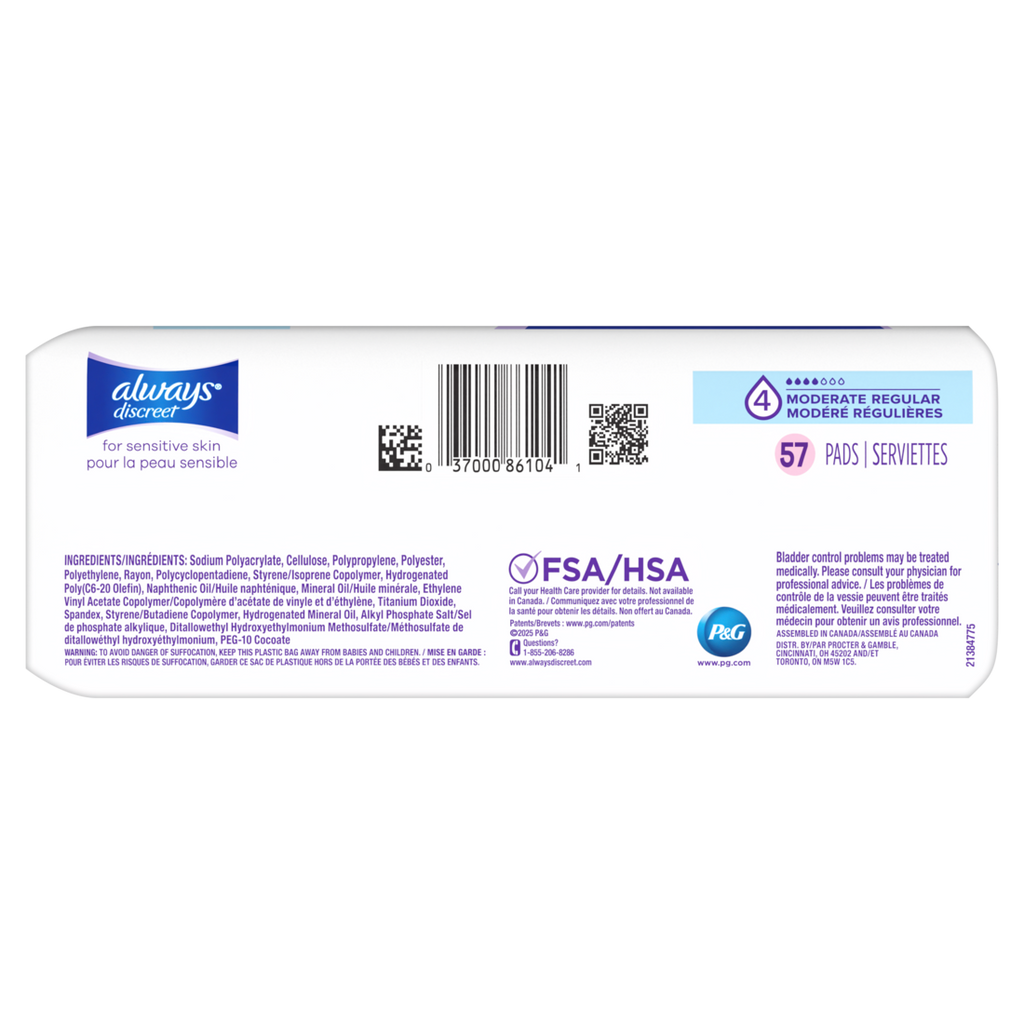 Always Discreet Incontinence Pads For Women With Bladder Leaks Sensitive Skin Pads Moderate Absorbency Regular Length - 57ct/3pk