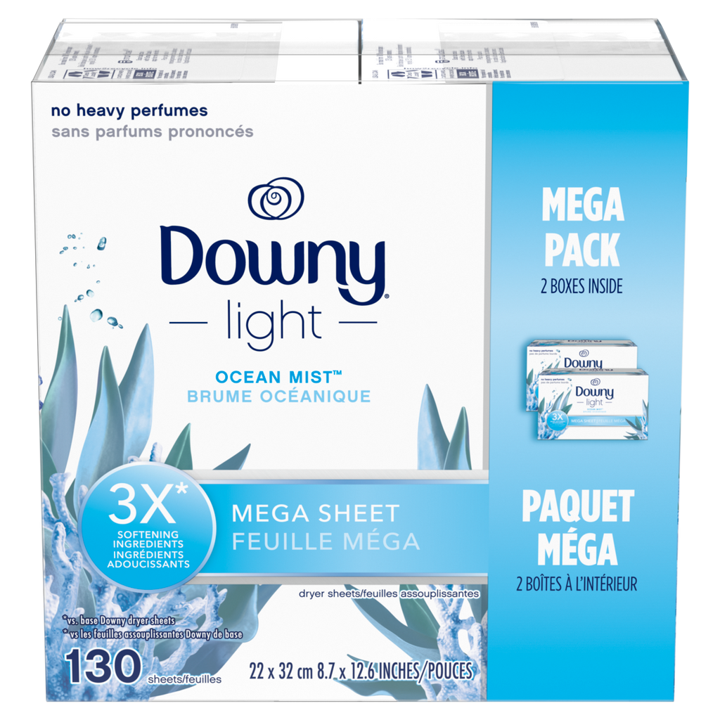 Downy Light Mega Dryer Sheets Laundry Fabric Softener Ocean Mist (2 Boxes 65 Sheets Per Box) - 130ct/3pk
