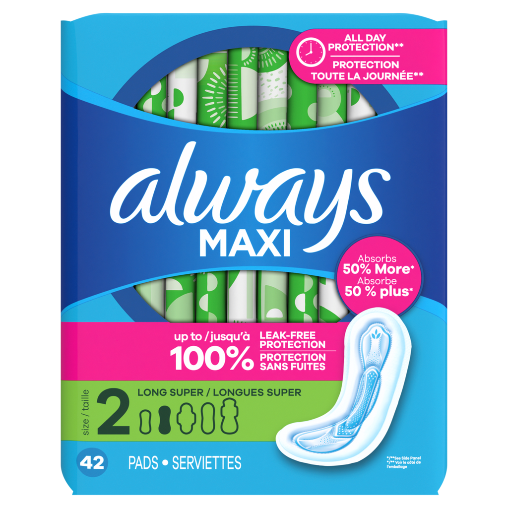 Always Maxi Feminine Pads Without Wings For Women Size 2 Long Super Absorbency Unscented - 42ct/6pk