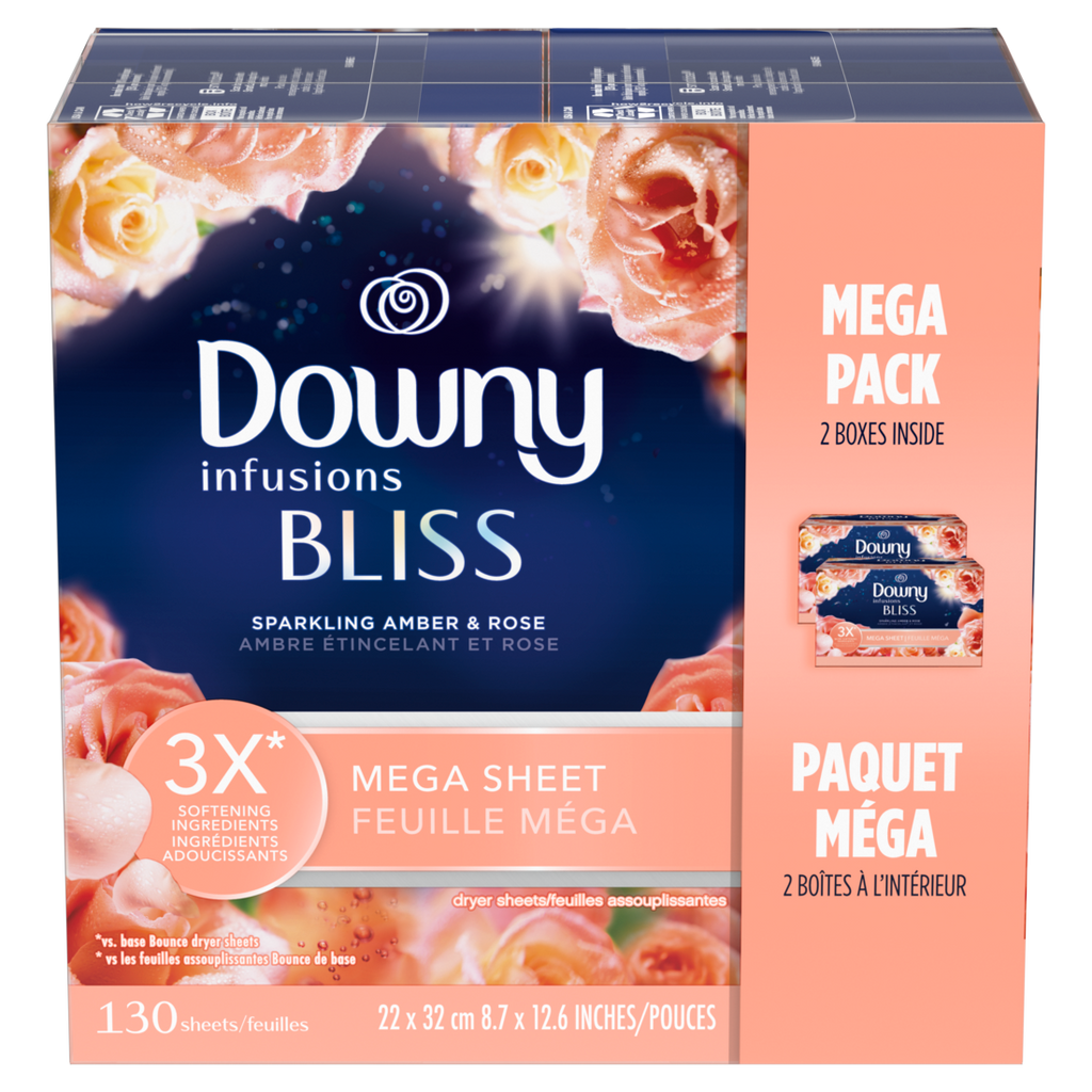 Downy Infusions Mega Dryer Sheets Laundry Fabric Softener Bliss Amber And Rose - 130ct/3pk