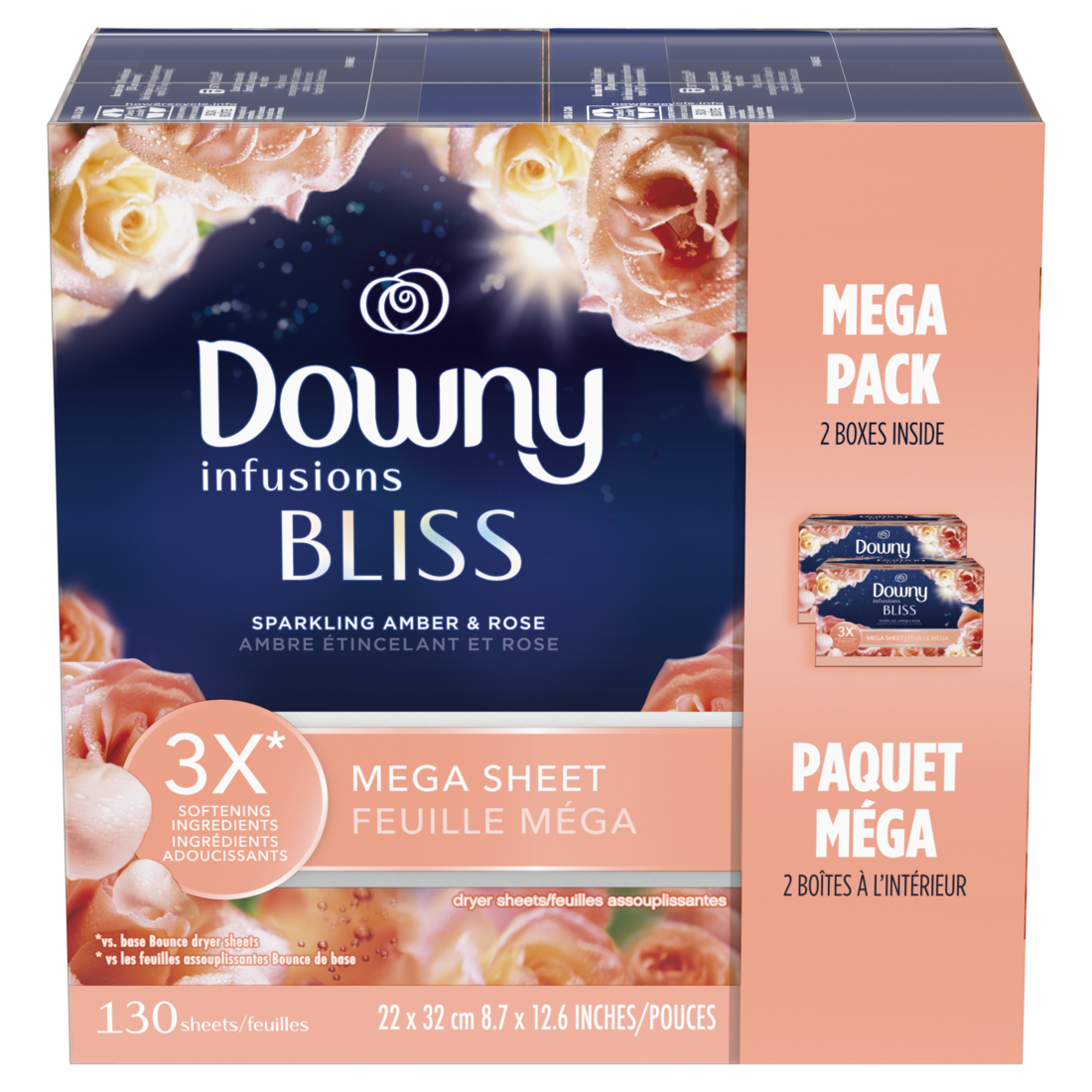 Downy Infusions Mega Dryer Sheets Laundry Fabric Softener Bliss Amber And Rose - 130ct/3pk