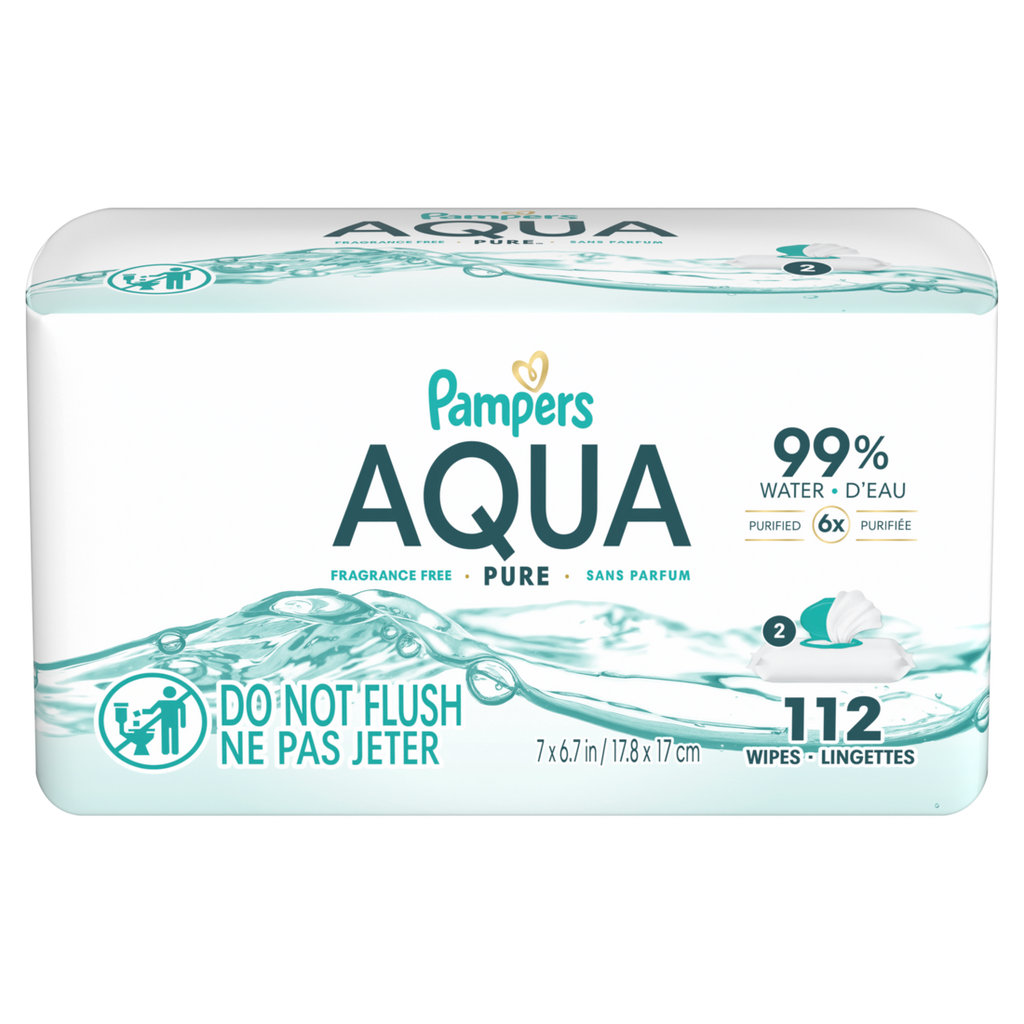 Pampers Aqua Pure Baby Wipes 99% Water Fragrance Free (2 Flip-Top Packs 56 Wipes per Pack) - 112ct/4pk