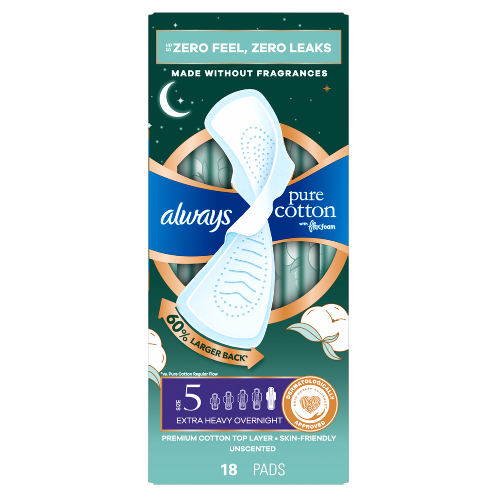 Always Pure Cotton With Flexfoam Pads Size 5 Extra Heavy Overnight With Wings Unscented - 18ct/3pk