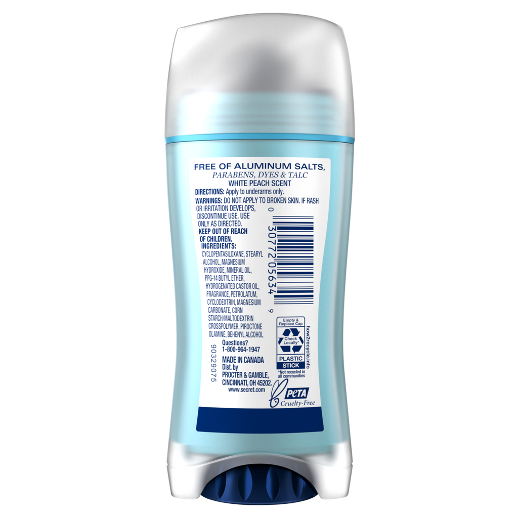 Secret Aluminum Free Deodornat For Women Dry Solid White Peach - 2.4oz/12pk