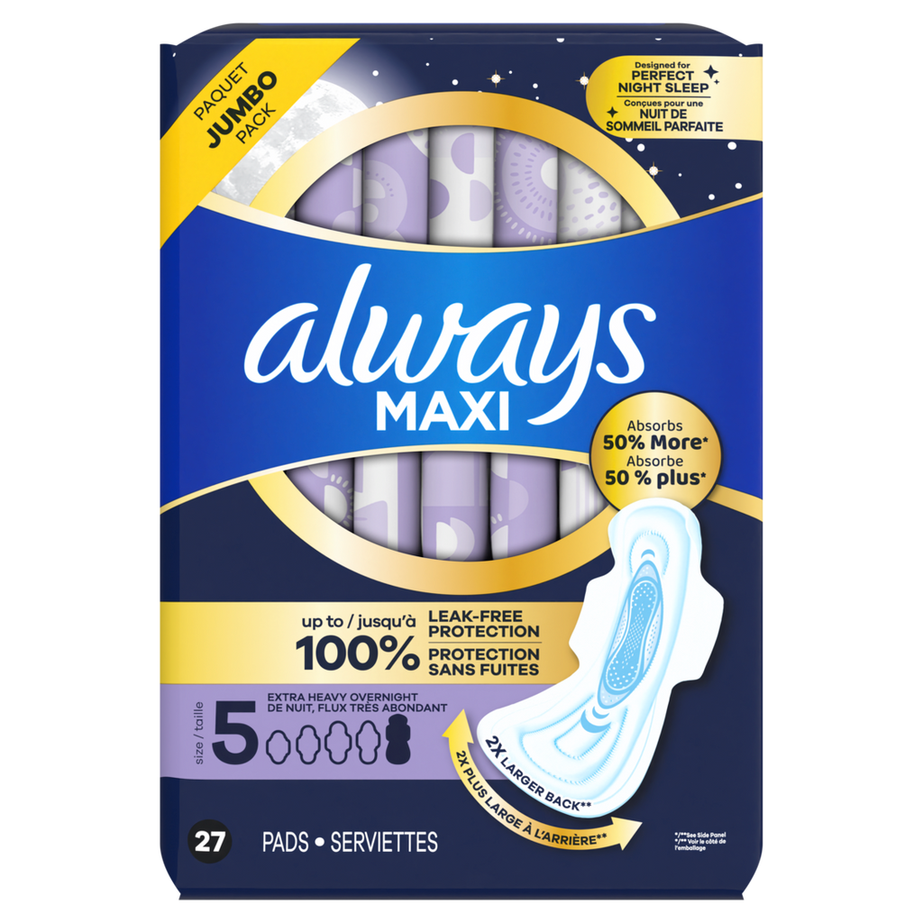 Always Maxi Overnight Pads With Wings For Women Size 5 Extra Heavy Overnight Absorbency Unscented - 27ct/6pk