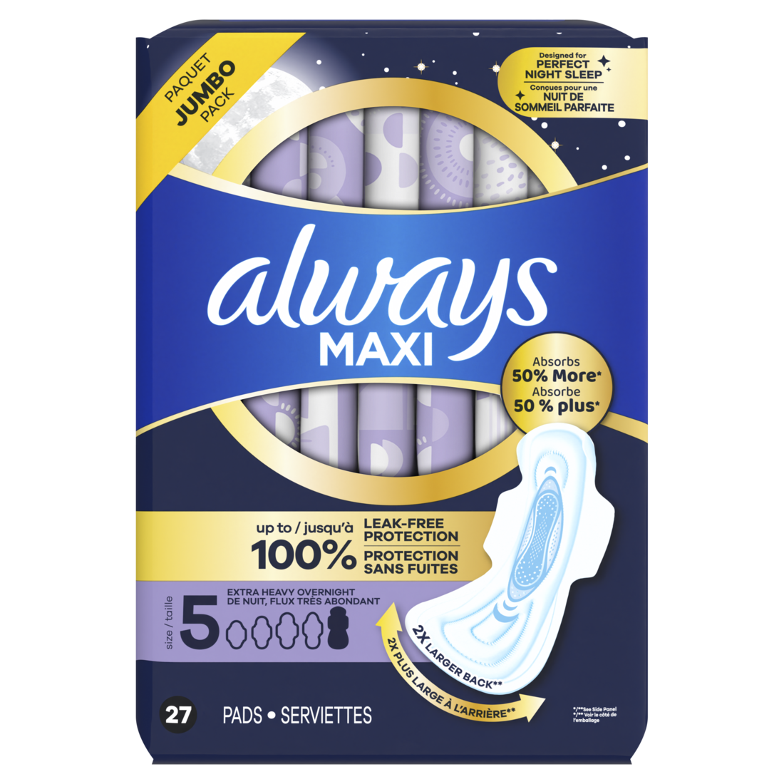Always Maxi Overnight Pads With Wings For Women Size 5 Extra Heavy Overnight Absorbency Unscented - 27ct/6pk